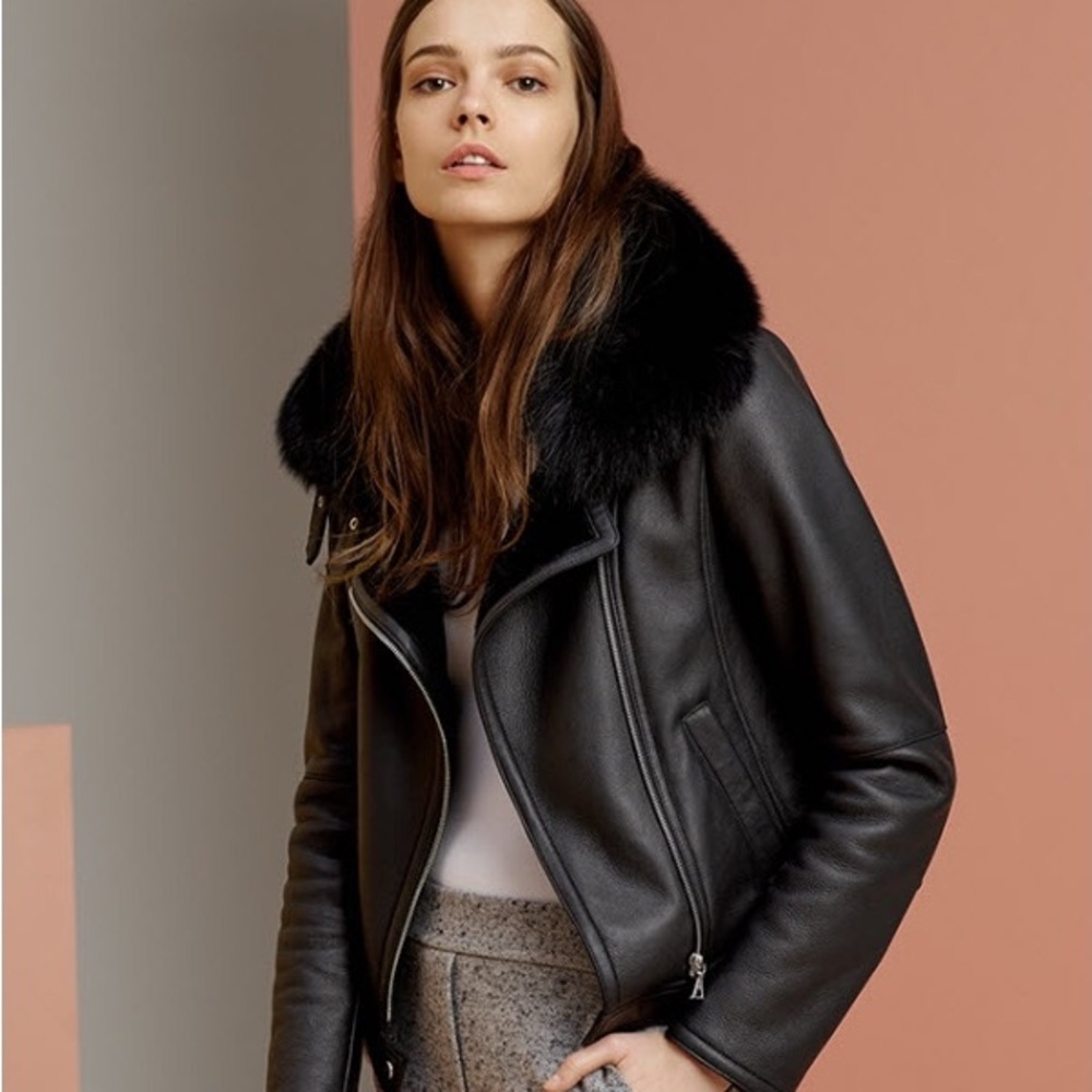 Theory Pomono Shearling Biker Jacket with Fox Fur Collar